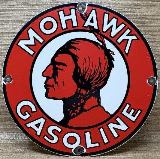 VINTAGE MOHAWK GASOLINE PORCELAIN SIGN GAS STATION MOTOR OIL PUMP PLATE GARAGE