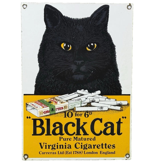 VINTAGE BLACK CAT CIGARETTES PORCELAIN SIGN GENERAL STORE ROAD SMOKE SHOP