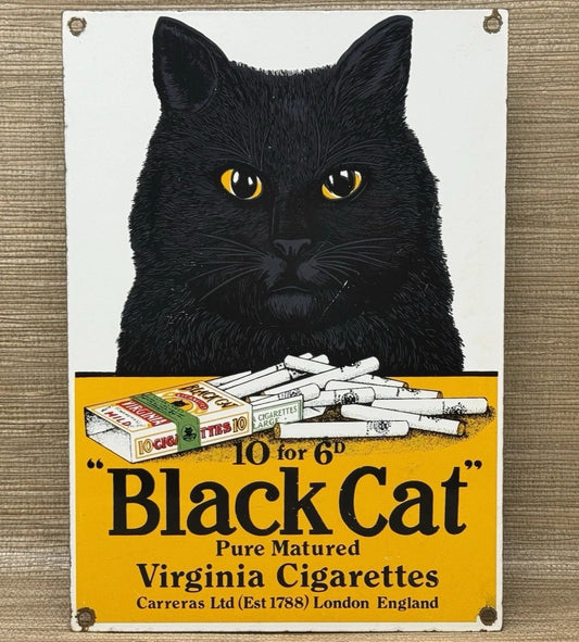 VINTAGE BLACK CAT CIGARETTES PORCELAIN SIGN GENERAL STORE ROAD SMOKE SHOP